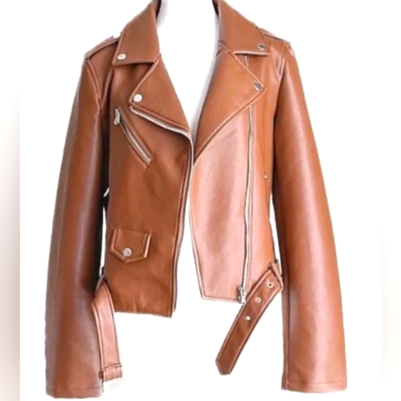 Rebecca Minkoff Jackets & Blazers - Rebecca Minkoff Cognac Tan Faux Leather Moto Biker  Zipper Jacket XL NWT